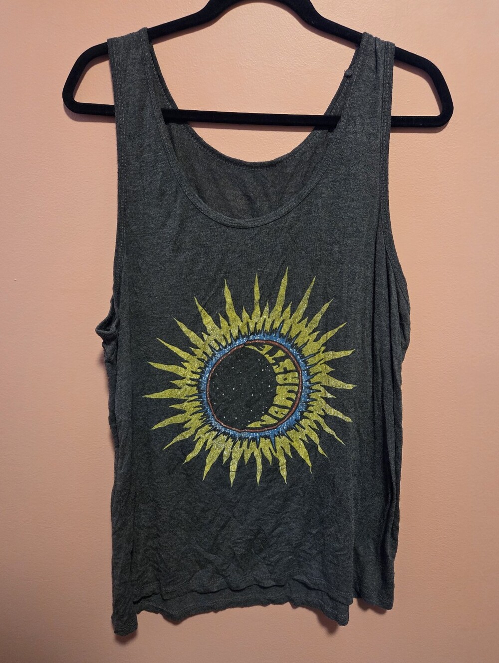 Charcoal Graphic Tank Top with Yellow Sun And Namaste Design